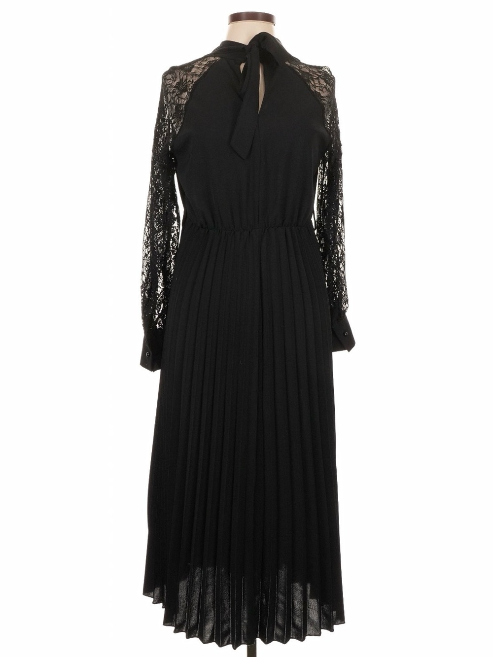 Black Lace Long-Sleeve Pleated Midi Dress